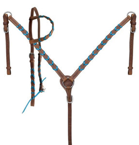 Showman Argentina cow harness leather one ear headstall and breast collar set with colored lacing. 14502