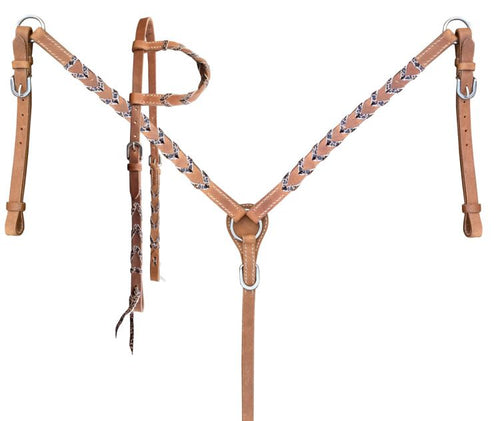 Showman Argentina cow harness Leather one ear headstall and breast collar set with cheetah print lacing 14529