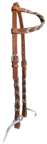 Showman Argentina cow harness Leather one ear headstall with hair on cowhide lacing 14550