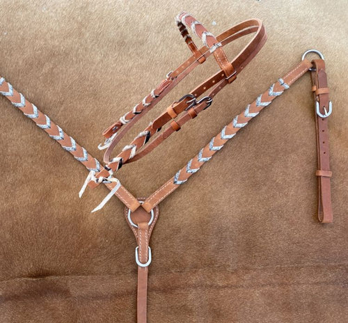 Showman Argentina Leather browband headstall and breast collar set with hair on cowhide lacing 14552