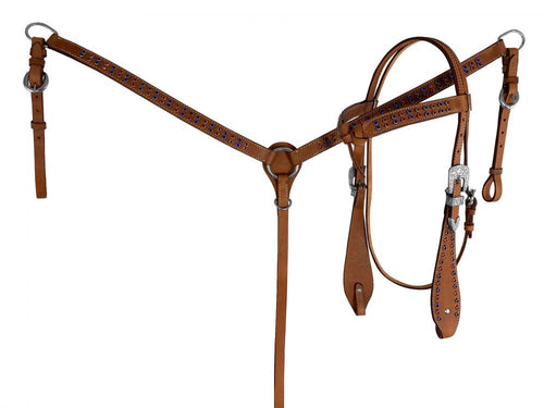 Medium oil leather browband headstall and breast collar set with red and blue silver dots HL5